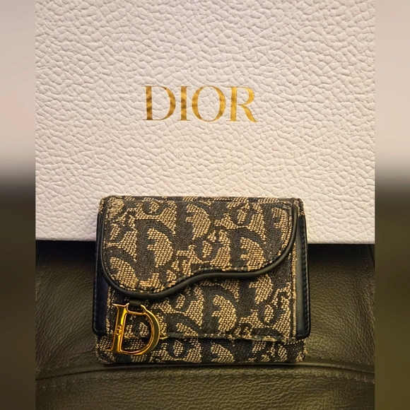 Christian Dior Saddle Trotter Oblique Canvas Leather Trifold Wallet Navy - Picture 1 of 5
